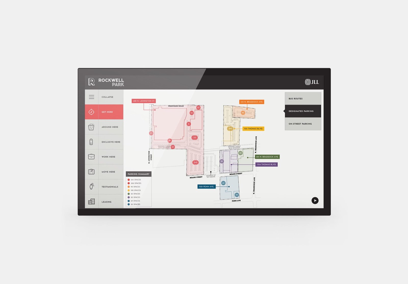 Rockwell Park Touch Tour amenity and leasing screens