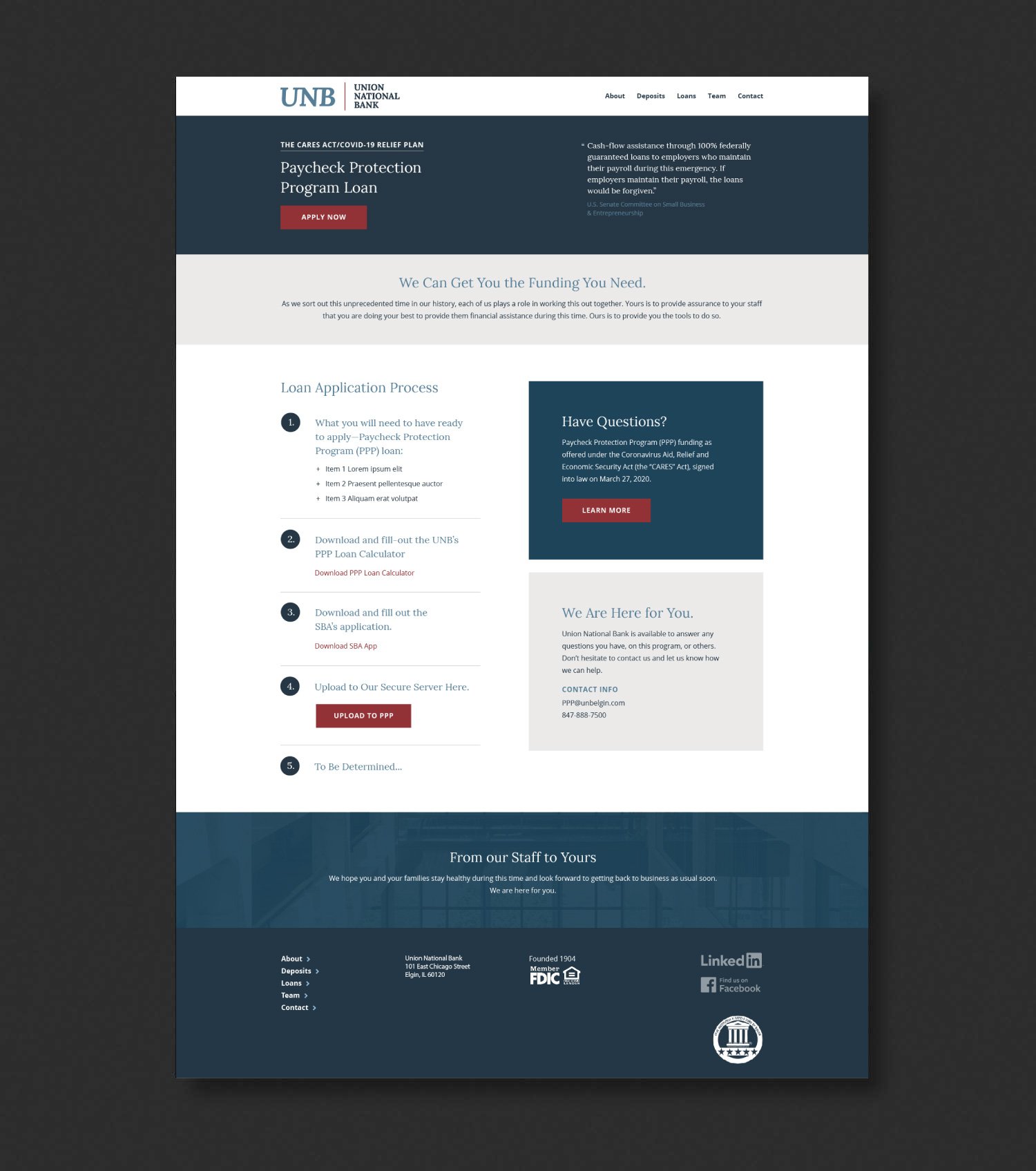 Union National Bank website, full page view